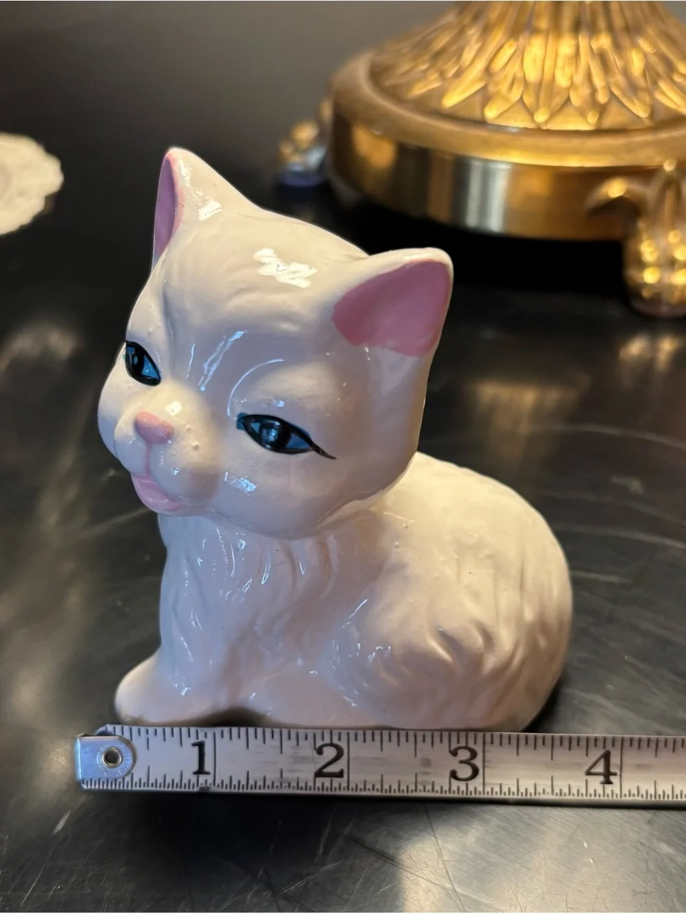 Vintage White Ceramic Cat Figurine with Pink Accents Blue Eyes